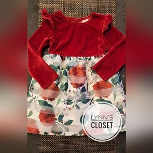 Red velvet and rose dress for toddler girls.